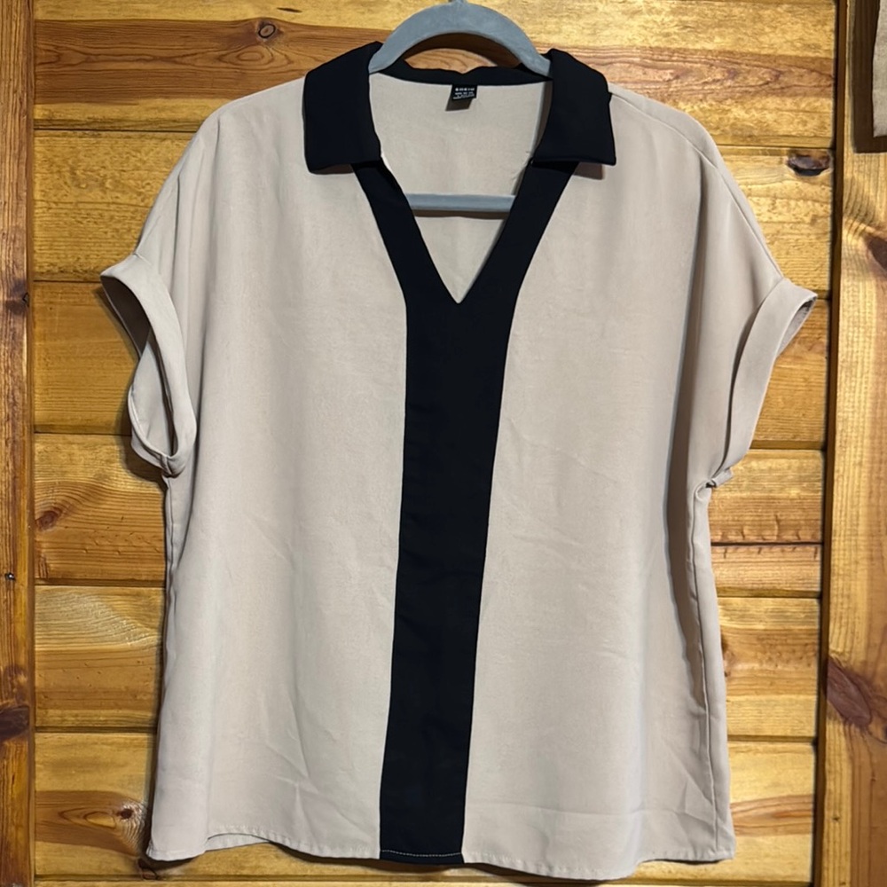 SHEIN Beige and Black 
V-Neck Blouse